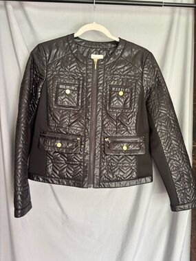 Chico's Quilted Black Zip-Front Puffer Jacket with Gold Accents
